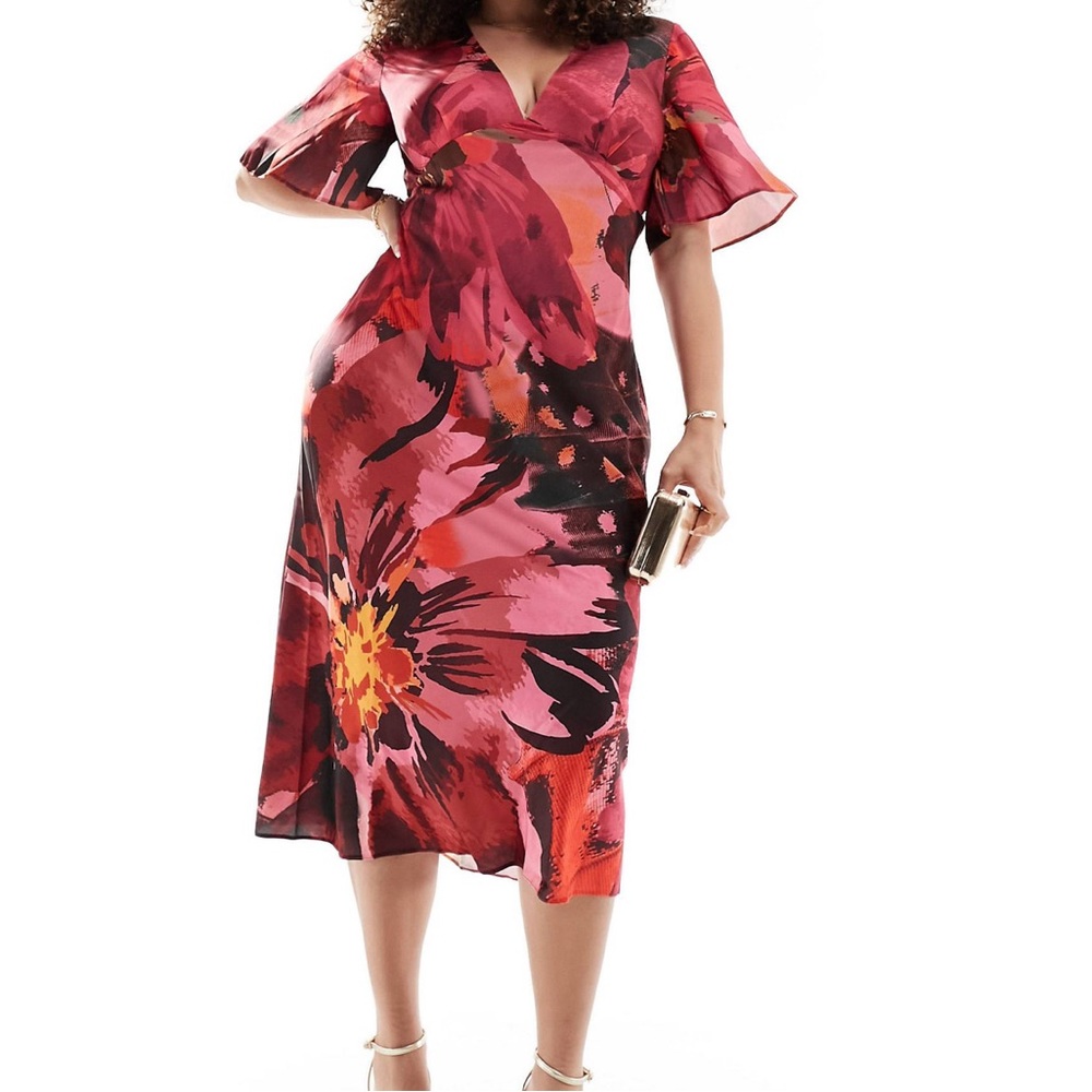 Satin flutter sleeve midi dress